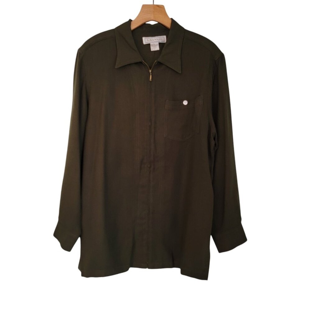 Vintage Savannah 100% Silk Dark Army Green Full Zip‎ Blazer Jacket Career Sz M